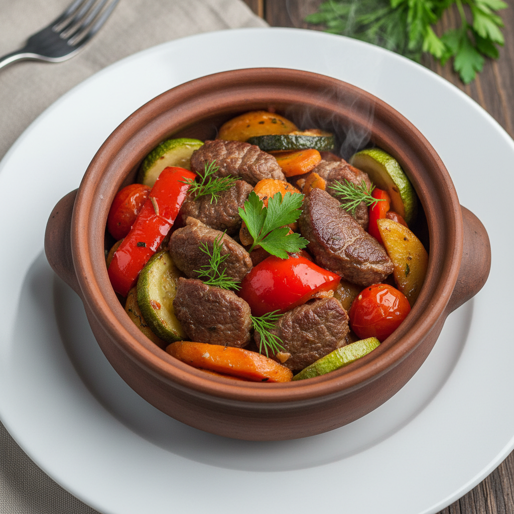 Говядина с овощами в горшке из печи